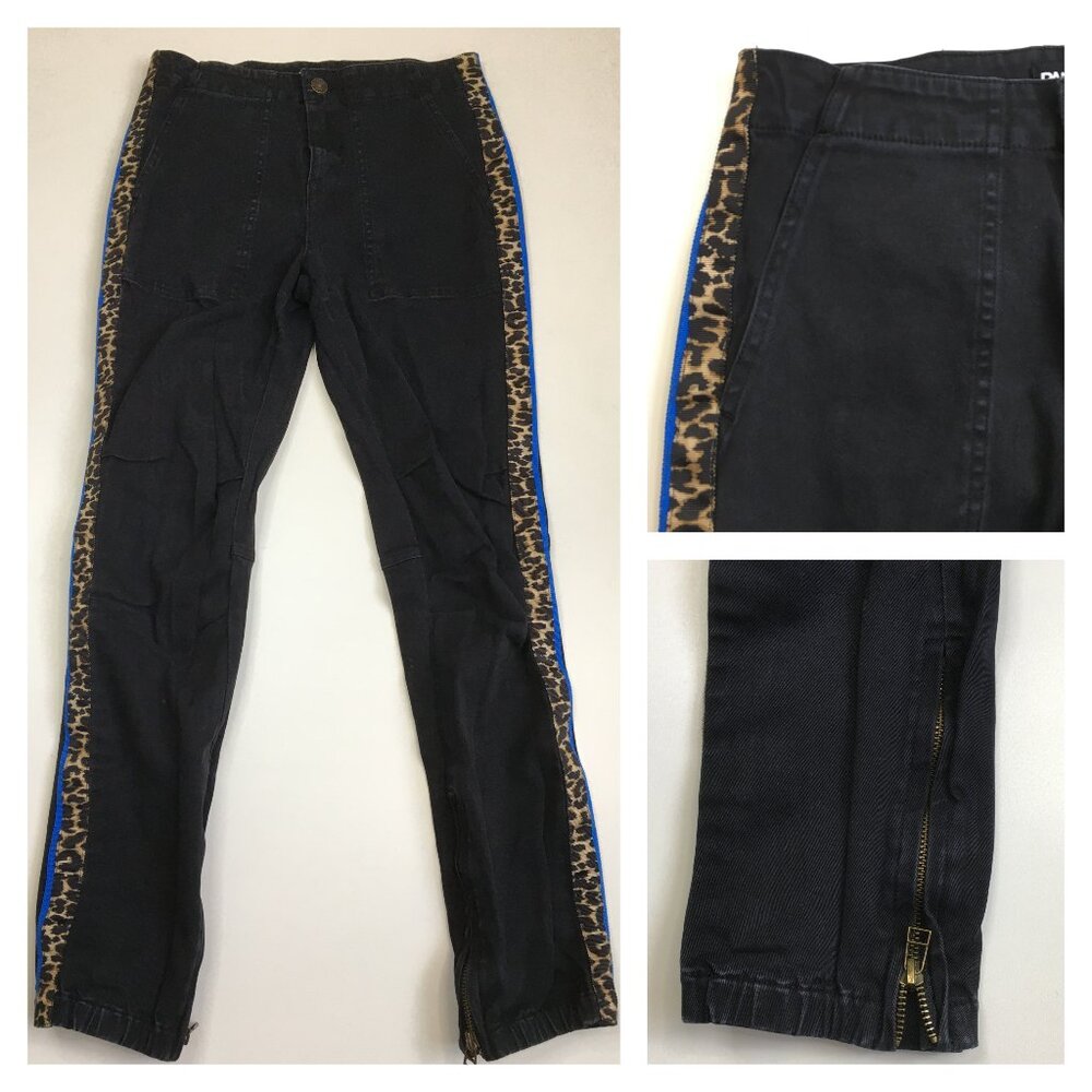 PAM & GELA Black Wash Blue & Leopard Tuxedo Trim Zip Ankle Skinny Jeans